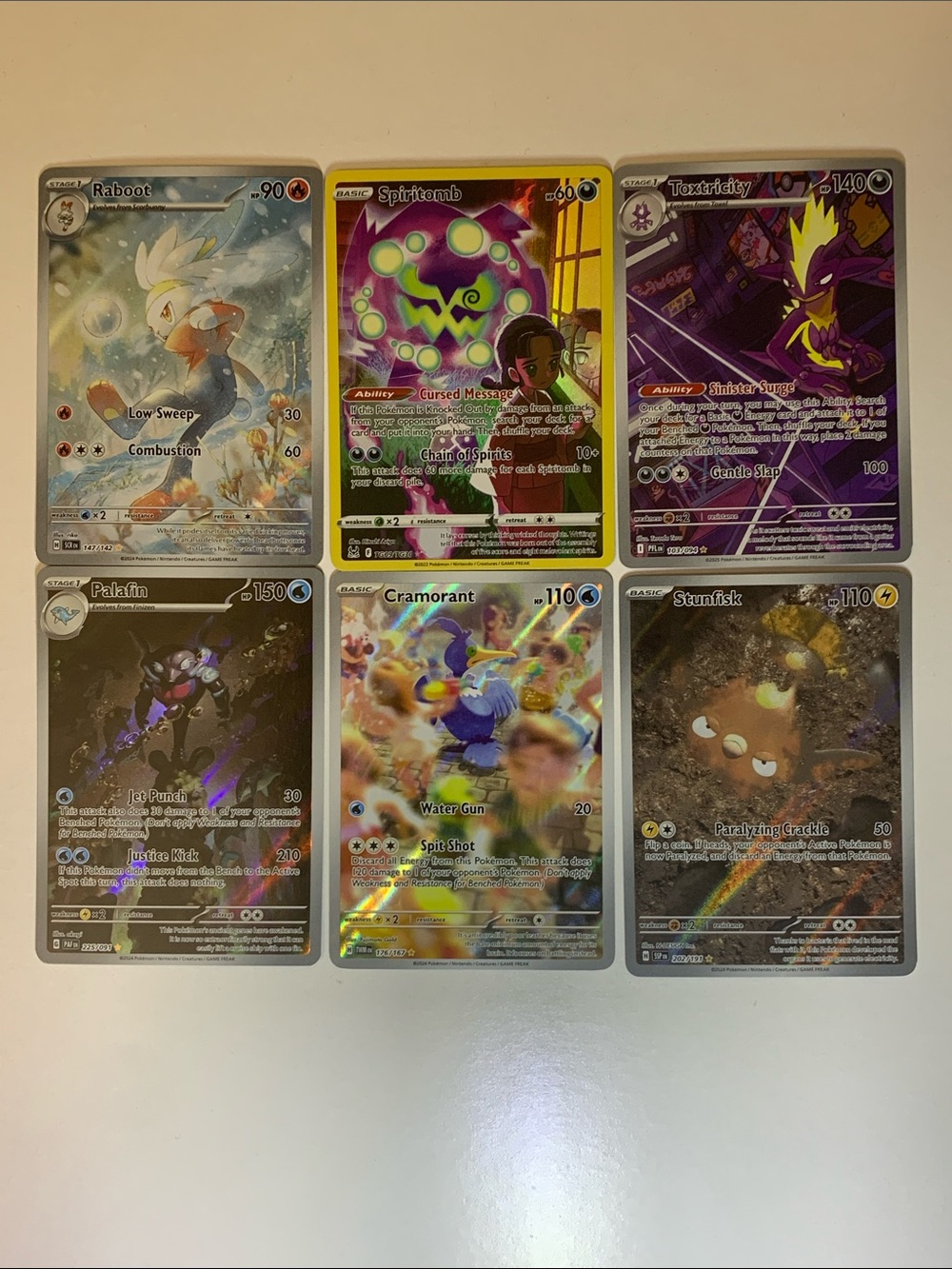 Raboot,Spiritomb,Toxtricity,Palafin,Cramorant, and Stunfisk lot of 6 Pokémon TCG
